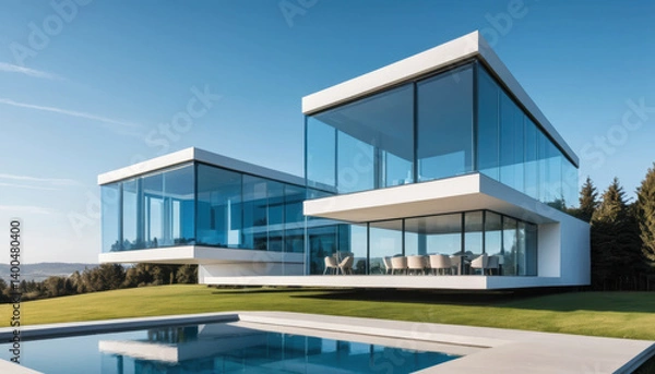 Fototapeta Modern architectural design features sleek glass exterior, showcasing luxurious home with stunning views. property includes