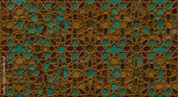 Obraz Intricate Golden Geometric Mosaic Pattern Design Turquoise and Brown Hues Artistic Abstract Wall Decor