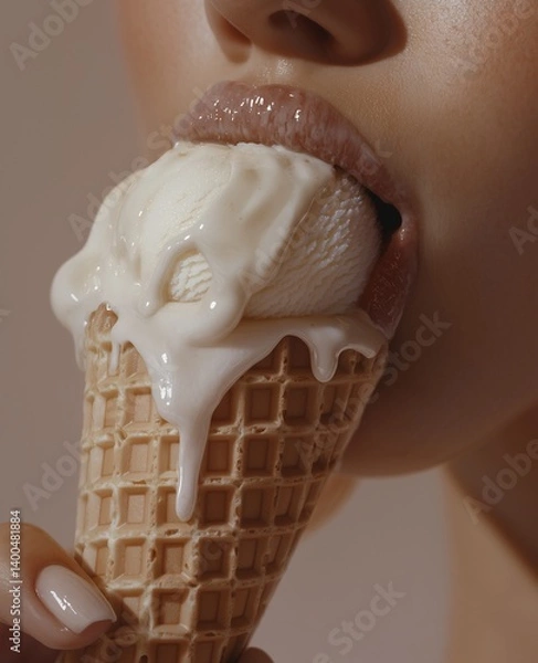 Fototapeta A close-up of an ice cream cone on the lips holding by woman's hand. The woman is licking vanilla ice-cream melting on her hand.
