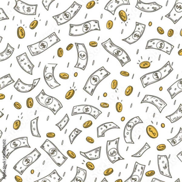 Obraz Seamless pattern of raining money doodle. Falling Dollar Banknotes, gold coins in sketch style. Vector illustration
