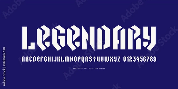 Obraz Stencil-plate sans serif font in black letter style. Letters and numbers for logo and emblem design. White print on blue background