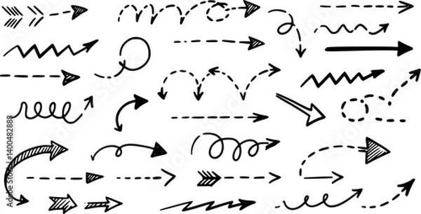 Fototapeta Dash line arrows doodle set. Dotted zigzag arrow stripes, curved pointers. Hand drawn vector illustration isolated on white background
