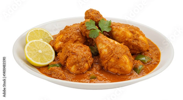 Fototapeta Chicken Tikka Masala with Lemon and Cilantro on White Plate Transparent Background
