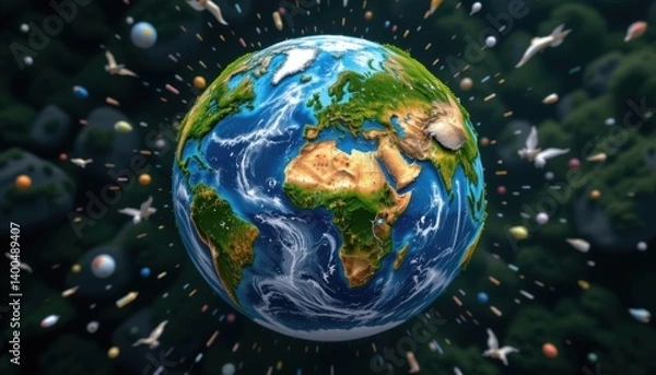 Obraz A bold image of Earth split into sections, each showcasing different climatesâ€”tropical, desert, and polarâ€”while maintaining a lush green theme.