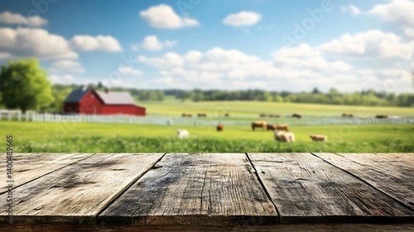Fototapeta A rustic wooden table overlooking a serene farm landscape filled with lush green fields and grazing cows under a bright blue sky with fluffy white clouds