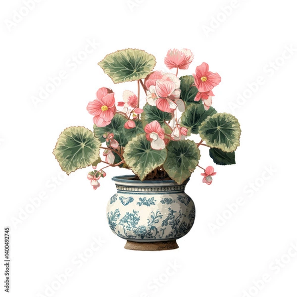 Obraz A vibrant pink and green begonia thrives in an intricately designed pot, showcasing its colorful blooms and lush leaves.