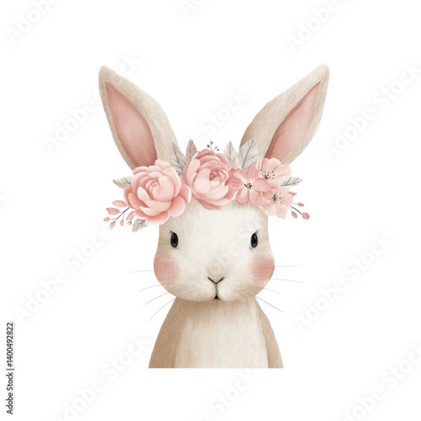 Obraz Adorable bunny character adorned with a flower crown, ideal for spring or Easter projects, creating a charming and joyful atmosphere.