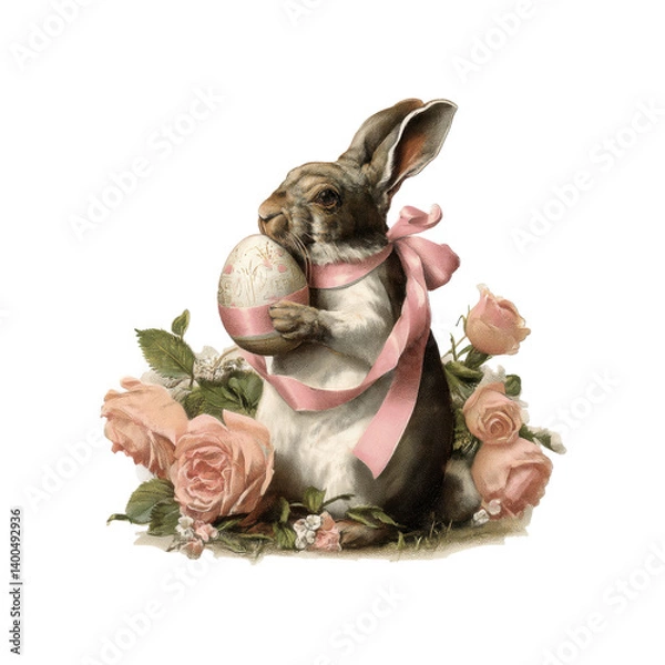 Obraz Illustration features a playful Easter bunny clutching a beautifully painted egg and adorned with a pink ribbon, surrounded by blooming roses.