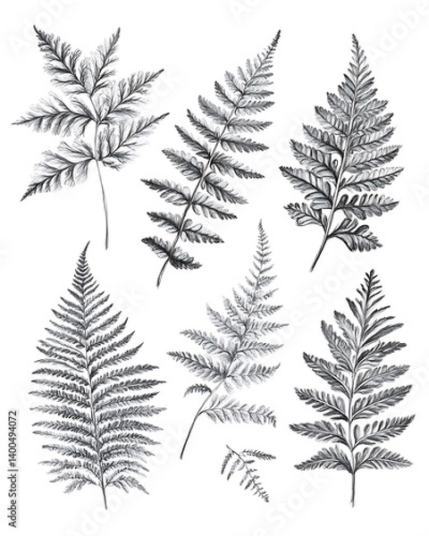 Fototapeta illustrations of various trees, leaves, grasses, and botanical elements on white background.