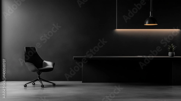 Fototapeta Minimalist black office with modern chair and sleek desk, embodying simplicity and elegance in design.