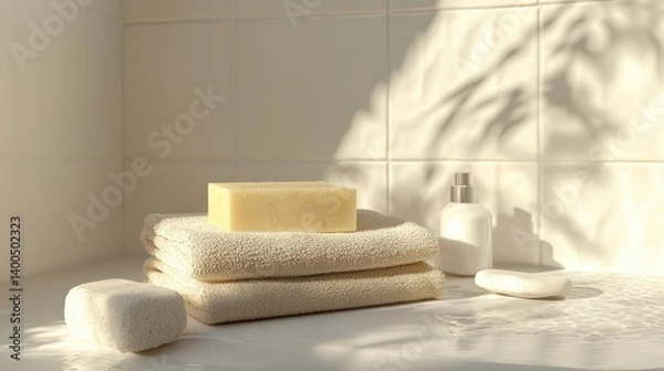 Obraz Embracing serenity in a minimalist bathroom with handmade olive oil soap and natural elements creating a relaxing atmosphere