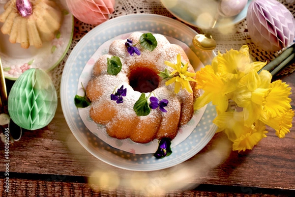 Obraz Top view of Easter table with traditional lemon ring cake