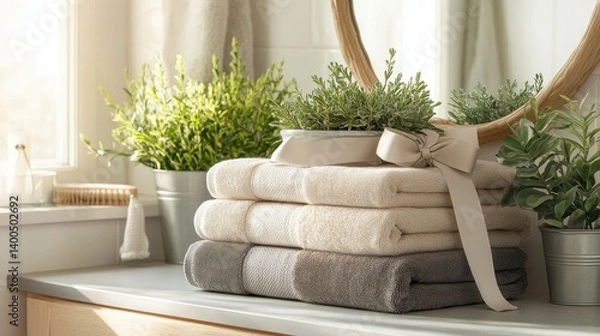 Obraz Elegant arrangement of beige and grey towels with decorative ribbon on a countertop, framed by lush plants and a stylish mirror in a Scandinavian-inspired bathroom
