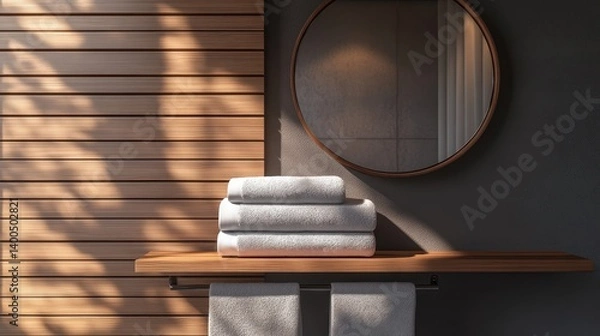 Obraz Elegant arrangement of clean folded towels on a floating shelf beneath a round mirror in a contemporary bathroom setting