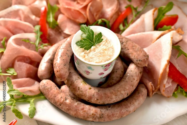 Obraz A plate with cold cuts and boiled white sausage with horseradish for Easter