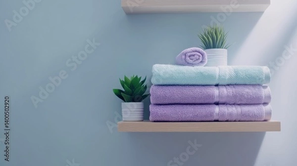 Obraz Pastel towels arranged on a sleek floating shelf with greenery, enhancing the fresh and organized atmosphere of a modern light grey bathroom