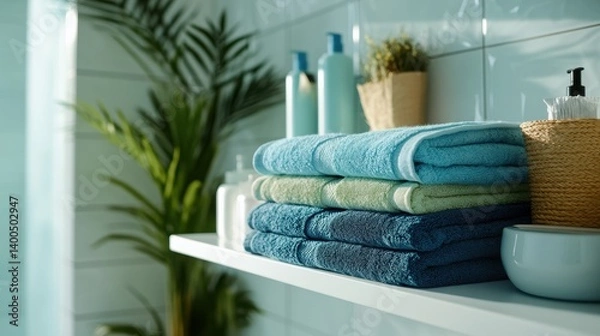 Obraz Delightful arrangement of vibrant blue and green towels adds a fresh and inviting touch to a modern bathroom with clean tiles and cozy daylight