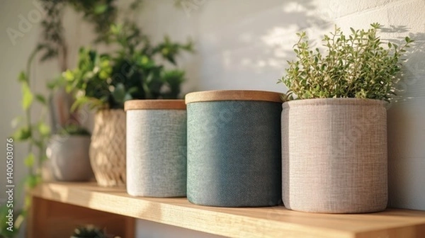 Obraz Neatly arranged fabric bins on a wooden shelf with vibrant plants creating a cozy and minimalist atmosphere