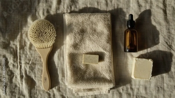 Obraz Wellness accessories arranged beautifully on natural linen, showcasing the art of self-care and relaxation in a neutral setting with soft shadows