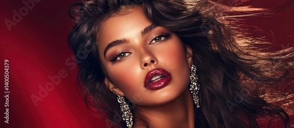 Fototapeta Elegant beauty portrait with dynamic hair and glossy lipstick on vivid background