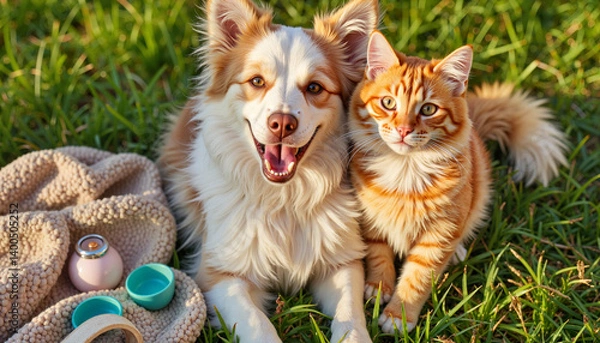 Fototapeta Playful dog and cat relaxing together on grassy field, friendship