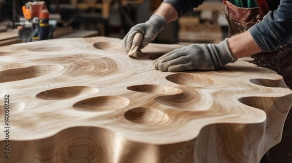 Obraz Carpenter sanding a wooden table in a workshop. Featuring focus and craftsmanship