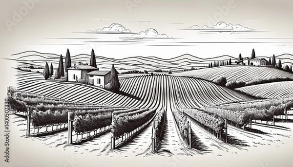 Fototapeta hand draw vineyard tuscany landscape farm field in monochrome sketch style vintage panoramic illustration