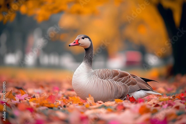 Fototapeta A goose surrounded by colorful fallen leaves, smooth autumn blur