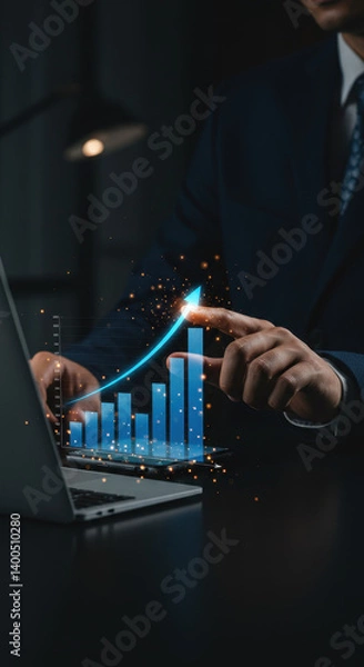 Fototapeta Business Growth: Man Tracking Performance on Laptop with Rising Graph & Sparkles ? Data Analysis, Success, Investment, Strategy