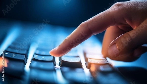 Obraz a close up shot showcasing a finger pressing the enter key on a backlit keyboard symbolizing action decision making and technological interaction in the digital age