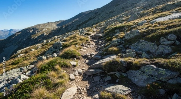 Fototapeta A rocky, narrow hiking trail winds uphill through a mountainous landscape with sparse vegetation under a clear blue sky