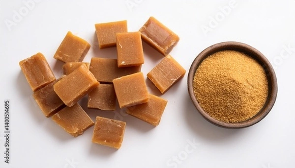 Fototapeta gud or jaggery top view on white background