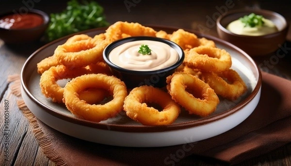 Fototapeta a tempting plate of crispy deep fried calamari rings served hot and fresh with a creamy dipping sauce is a crowd pleasing appetizer for any occasion and meal