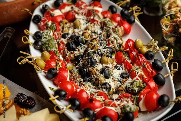Fototapeta Skewers of vibrant caprese salad featuring cherry tomatoes, fresh mozzarella, black and green olives, drizzled with pesto sauce and sprinkled with grated cheese on a platter