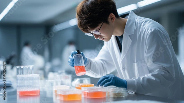 Fototapeta Scientist in lab coat examining orange liquid in a bottle with petri dishes on the table nearby