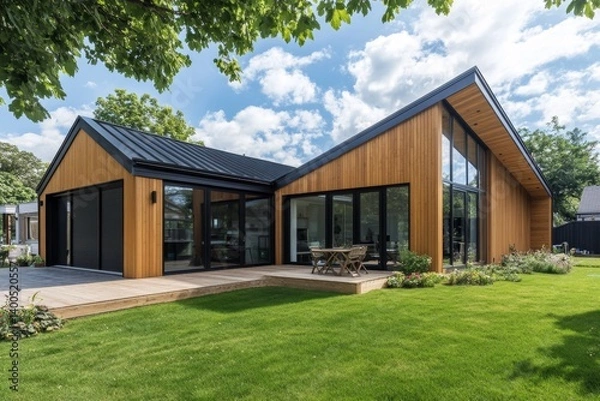 Obraz Modern, contemporary, cedar-sided home with a modern aesthetic, featuring a large, open-plan living area and glass-fronted extension.  A stylish design with a focus on natural light and outdoor living