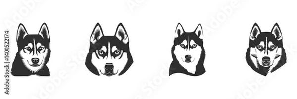 Fototapeta Husky Dog Face Silhouette Set. Siberian Husky Expressions And Features Isolated Vector Illustration Collection
