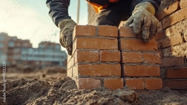 Fototapeta Construction worker arranging bricks for wall construction. Featuring meticulous work and planning