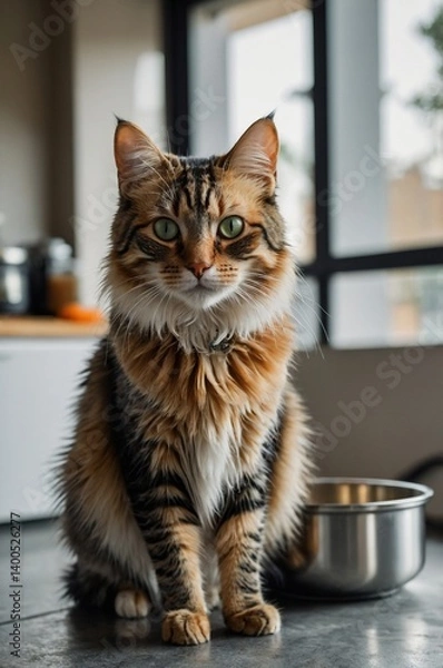 Fototapeta Cat sitting next to a large stainless steel food bowl, symbolizing pet feeding time, feline routine, healthy nutrition, domestic life, and cat care at home