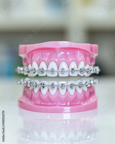 Fototapeta Model of teeth with braces on a pink mount, showcasing dental alignment and orthodontic care.