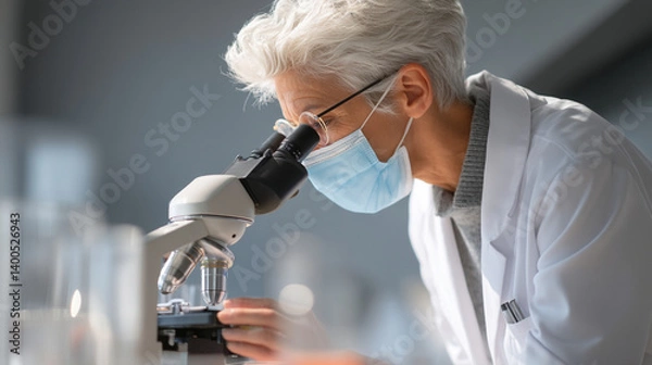 Fototapeta Scientist in lab coat and face mask examining sample under microscope for medical research study
