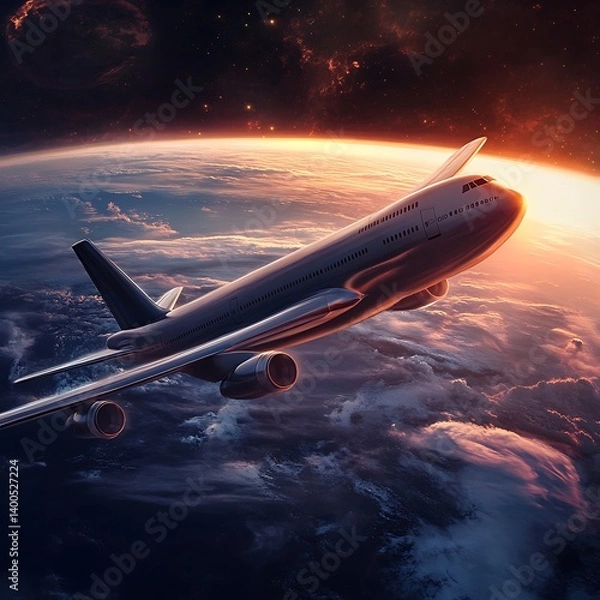 Fototapeta A jet plane soaring above a breathtaking Earth, with dramatic lighting and a sense of vastness