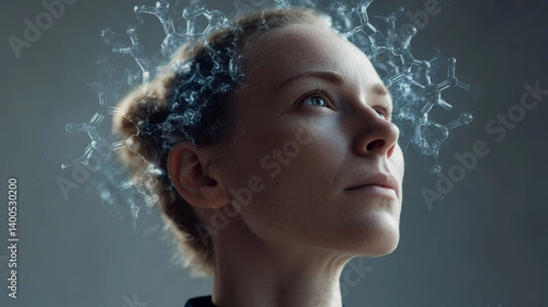 Fototapeta Woman's face with brain chemistry diagram, abstract representation of neural biochemistry and mental activity