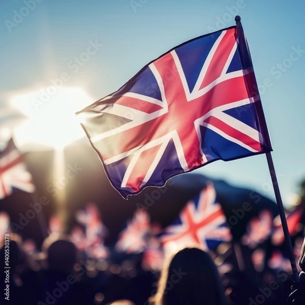 Fototapeta British national flag billowing against sunlit sky during festive crowd gathering, symbolizing patriotic unity and national pride