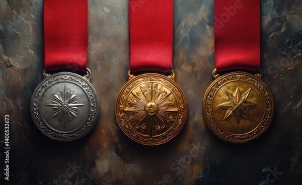 Obraz Hyper-realistic Illustration of Sports Medals with Red Ribbons for Gold, Silver, and Bronze Achievements