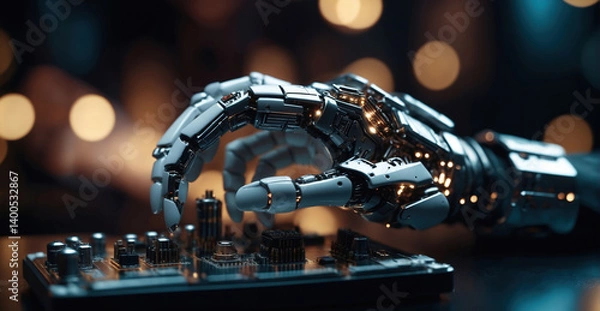 Fototapeta Robotic Hand Interacting. A robotic hand delicately maneuvers small components on an intricate circuit board. Conveys innovation, technology, and the precision of artificial intelligence engineering.