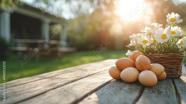 Fototapeta A rustic wooden table showcases a charming assortment of fresh eggs and wildflowers, beautifully illuminated by natural light, inviting a sense of warmth and homeliness to the setting.