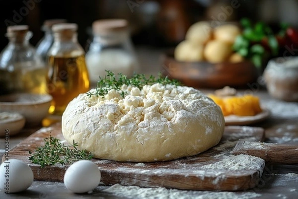Fototapeta Homemade Pie Dough Preparation by Grandmother Baker Hands in Rustic Kitchen with Natural Ingredients