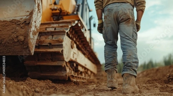 Fototapeta Construction worker guiding a bulldozer to clear land for a new project. Featuring expertise and control