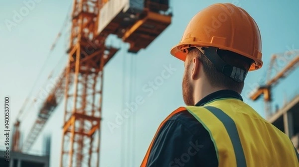 Fototapeta Construction worker inspecting a crane before operation. Featuring safety and preparation